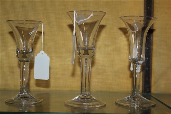 Three plain stem drinking glasses, c.1735, 15.5 - 17.5cm